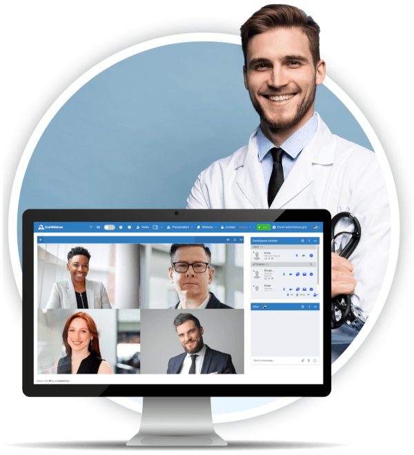 <span class="font-weight-light mb-0 text-left">A Videoconferencing Platform Dedicated</span><br><span class="mb-0 text-left">to the Medical and Pharmaceutical Industry</span>